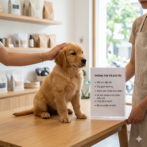 Nhân viên shop đang dùng bảng trắng để phác thảo các yếu tố về không gian và thời gian chăm sóc khi tư vấn cho khách hàng về chú chó Golden Retriever con.