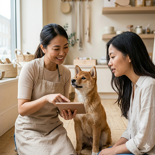 Nhân viên shop thú cưng đang dùng máy tính bảng để tư vấn minh bạch thông tin sức khỏe cho khách hàng và chú chó con.