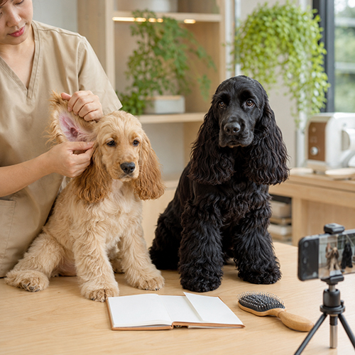 Nhân viên kiểm tra tai cho hai chó Cocker Spaniel khác màu