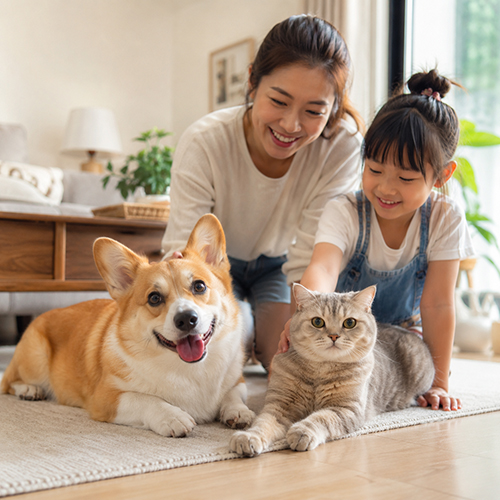 Gia đình vui vẻ bên chó mèo, minh họa lý do nhiều người thích nuôi thú cưng